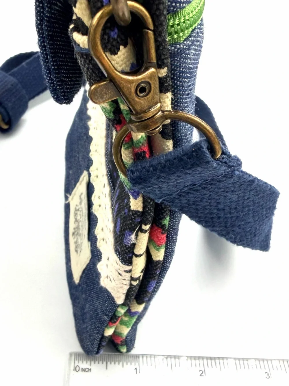 Compact Denim Canvas Crossbody Phone Bag with Bohemian Style Multicolor Trim